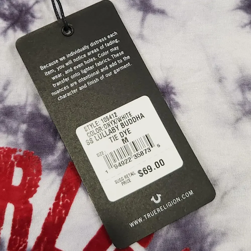 True Religion Shirt Mens Medium Tie Dye Onyx White SS Lullaby Buddha Graphic Tee
